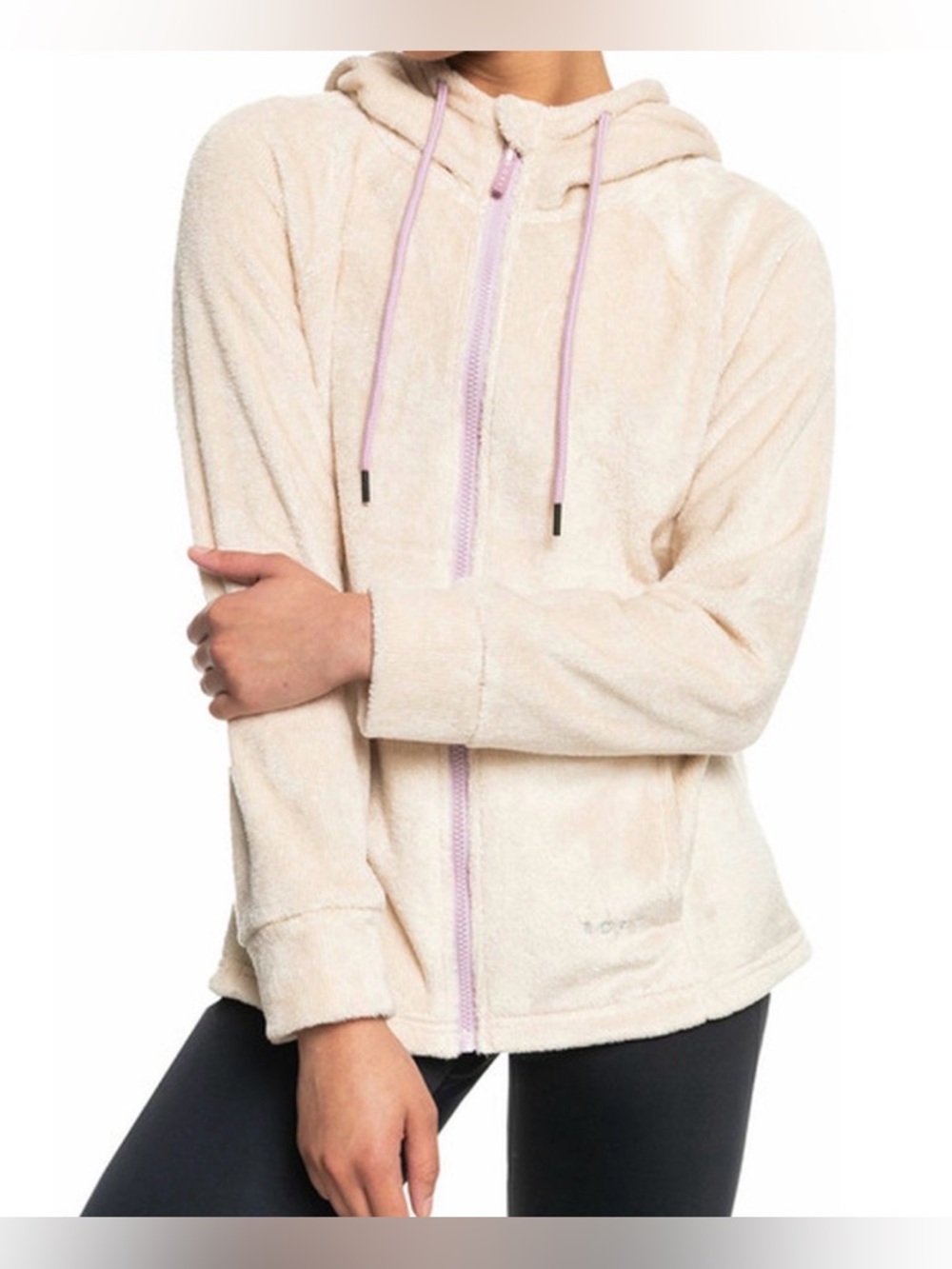 Roxy women medium fuzzy zip up cream hooded jacket purple zipper drawstring